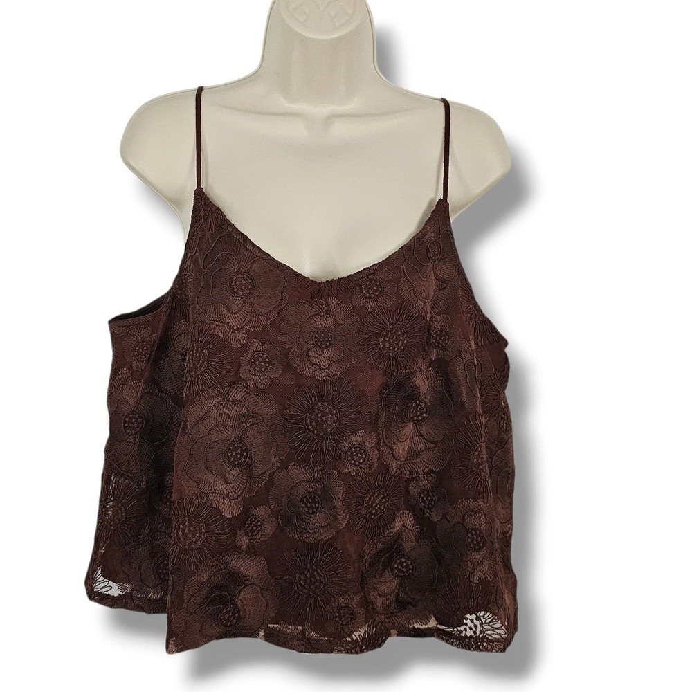 Express Cami L Womens Brown Floral Embroidered Mesh Cottagecore Lace Earthy Fall